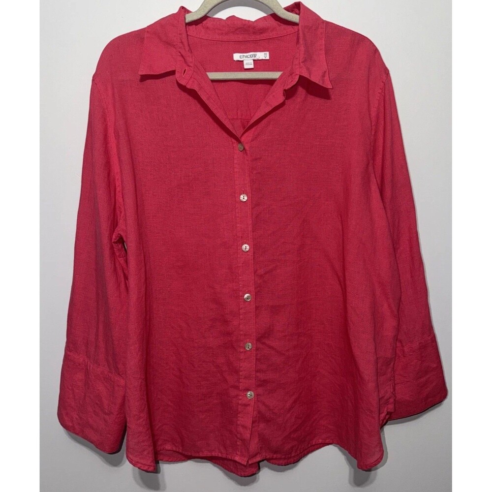 Chico’s 100% Linen Button Up Shirt Size 3.5 US 18 3/4 Sleeve Blouse Top Hot Pink
